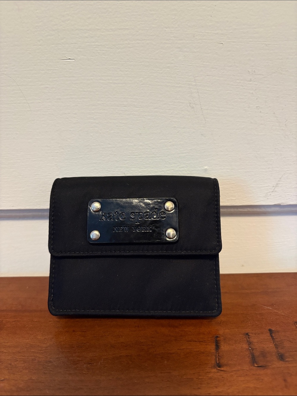 kate spade Black Compact Foldover Women’s Card Case Wallet with Logo Plate